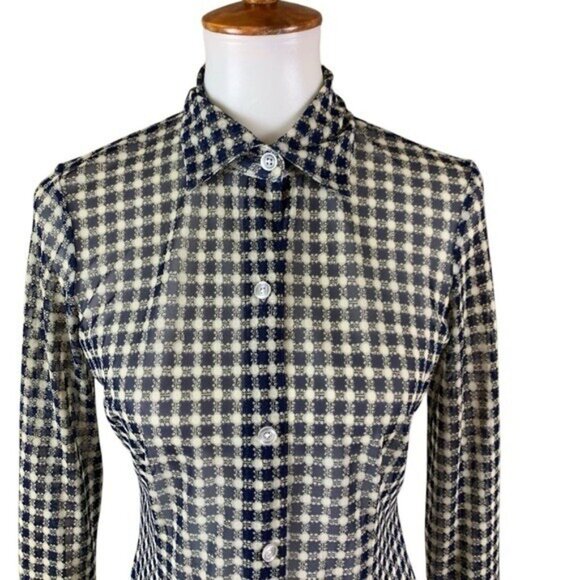 Cabi Blue White Sheer Gingham Button Front Shirt Long Sleeve Size Small - Picture 2 of 6